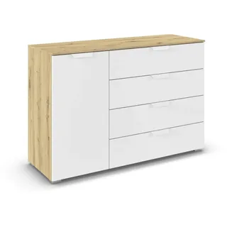 Rauch Möbel Aditio, Kommode für Schlafzimmer, Wohnzimmer, Kinderzimmer, Flur, 1-türig, 4 Schubladen, Soft-Close-Funktion, Sideboard im modernen Look, Farbe Weiß/Eiche Artisan, Holz, Breite 120 cm