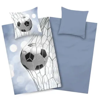 Aminata Kids Biber Bettwäsche Fußball-Motiv 135x200 Jungen 100% Baumwolle | weiche Kinder Wendebettwäsche-Set mit Marken-Reißverschluss - blau - Jungs - Soccer