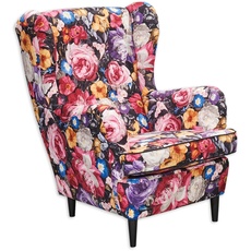 Bild LAUREL mit geknöpfter Polsterung und floralem Muster - Vintage Wohnzimmer Sessel mit Massivholz Füßen - 78 x 102 x 98 cm (B/H/T)
