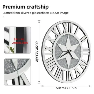 Große Spiegel-Wanduhr - Runde Wanduhr 60 cm - Skelettuhr mit römischen Ziffern - Facettenschliffglas - Leiser Lauf - Moderne Wohnzimmer-Deko