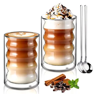ecooe Doppelwandige Kaffeegläser 350ml Latte Macchiato Gläser 2er Set, Borosilikatglas Kaffeetassen Glas Doppelwandig Kaffeeglas Teegläser für Cappuccino, Tee, EIS, Milch, Bier