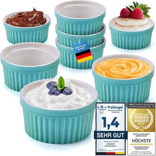 DIMONO® Creme Brulee Schälchen 170ml, 8 ofenfeste Souffle Förmchen | Perfekte Desserts ohne Anbrennen, feuerfeste Keramik bis 350°C, 8er Set Dessertschalen, Ragout Fin Schalen, Farbe türkies
