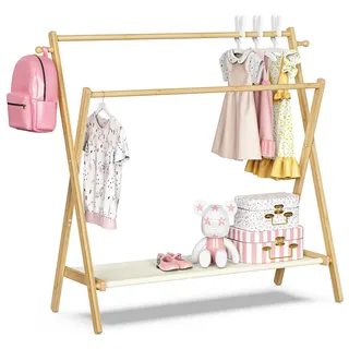 BAMBOOHOMIE Kleiderständer Kinder, kleiner Kleiderständer für Kleinkinder und Haustiere, Verkleidungsständer mit Ablagefach und Doppelstangen, für Kinderzimmer (Große Größe)