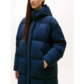 Steppmantel TOMMY JEANS "TJW ALASKA GRID DWN MXI COAT EXT", Damen, Gr. M (38), blau (schwarz night navy), Web, Obermaterial: 100% Polyester, unifarben, regular fit, Mäntel Steppmantel