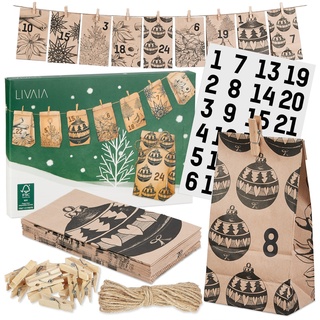 LIVAIA Adventskalender zum Befüllen 2024 - Adventskalender Tüten Set mit 24 Papiertüten, Holzklammern, Aufklebern, Jute Schnur - Weihnachts Adventskalender Basteln - Braun mit Schwarzen Motiven