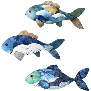 Kisstta 3 Stück Wand Deko Holz Fisch Set, Blau Holzfisch Badezimmer Deko, Klebende Maritime Strand Wanddeko Holz für Wohnzimmer, Schlafzimmer, Ferienhaus (Blau 1)