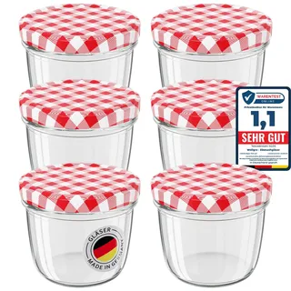 WELLGRO 6x Einmachgläser mit Schraubdeckel, 230 ml Einmachglas Klein, Marmeladengläser Rot Karierte, Kleine Gläser mit Deckel To 82, Einweckgläser Made in Germany, Schraubgläser Stückzahl: 6 Stück