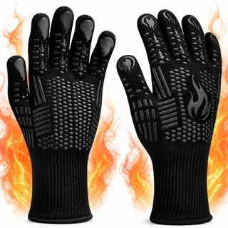 FITFETS Grillhandschuhe (Hitzebeständig), Ofenhandschuhe, rutschfeste Silikon - Feuerfeste Handschuhe, BBQ Handschuhe, Küchenkochhandschuhe