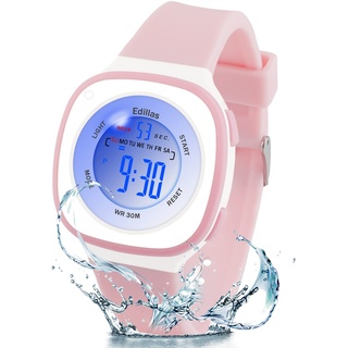 Edillas Kinderuhr Digital Mädchen Jungen,7 Farben Licht Armbanduhr für Kinder wasserdichte Sport Outdoor Multifunktionale digital Uhren mit Stoppuhr/Alarm Alter 4-15(Rosa)