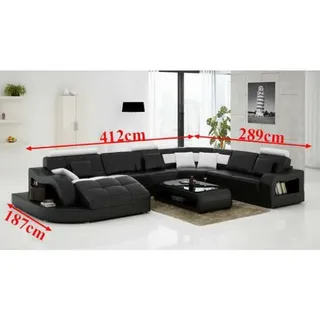 Designer Ecksofa mit Liege Couch Sofa Wohnlandschaft Ledersofa U-Form mit USB - Schwarz