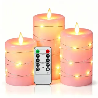Da by 3 Stück Rosa Paraffin LED Kerzen mit Kupferlichtkette, Realistische Flackerflamme, Batteriebetriebene Premium Kerzen mit Fernbedienung, Wiederverwendbar für Wohn- und Festdekoration