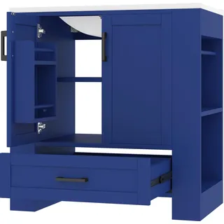 Badunterschrank mit Waschbecken - Freistehend - 76×46×78,5 cm - Massivholz - Komplettlackiert - Doppeltürig - Blau
