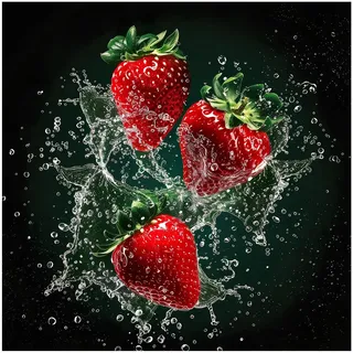 STYLER Küchenbild Strawberries 30 x 30 cm I FRISCHE FRÜCHTE I Glasbild mit spritzenden Erdbeeren I Bild für Küche & Esszimmer I Deko Wandbild modern I Obstbilder Set