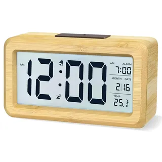 aboveClock Wecker Digital, Digitaler Wecker Holz mit Große Temperaturanzeige, Tischuhr mit Snooze, Datum, Helligkeit Regelbar für Nachttisch und Büro, 3 AAA-Batterien Erforderlich (Bambus)
