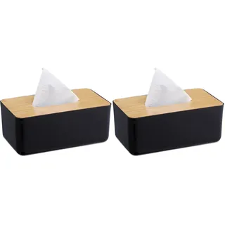 Relaxdays Taschentuchbox, nachfüllbar, Badezimmer, Tücherbox, Bambus-Deckel, Kunststoff, HBT: 10x23x13 cm, schwarz/Natur (Packung mit 2)