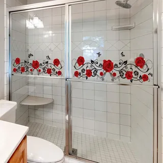 HGDESIGN® Wandtattoo Wandaufkleber Glassaufkleber Spiegelaufkleber Rot Rosen Blumenranke Beideseite sichtbar Wohnzimmer Schlafzimmer Badzimmer Wandsticker Wandbild Wanddeko Selbstklebend (A)