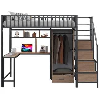 Flieks Hochbett 140x200cm Metall Schreibtisch Schrank LED Schwarz , 140x200 cm , Babymöbel & Kindermöbel, Kinderzimmer & Jugendzimmer, Kinderbetten, Hochbetten