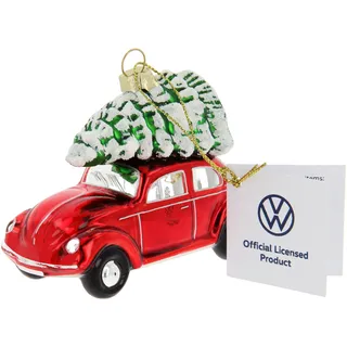 BRISA VW Collection - Käfer Weihnachtsschmuck Dekoration | Volkswagen Weihnachtsbaum Ornament Christbaum Kugel, Glänzend Handbemalt Miniatur Geschenkbox, Glas, Rot mit Baum