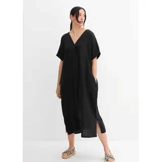 Tunikakleid BONPRIX "Kaftan-Kleid aus reinem Leinen", Damen, Gr. 44, N-Gr, schwarz, Obermaterial: 100% Leinen, oversize, Kleider Tunikakleid, für eleganten Look, aus Leinen, Oversize-Passform, mit Halbarm