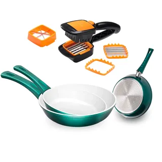 Genius Pfannen-Set »Cerafit Fusion Pfannen inkl. Nicer Dicer Quick, Set 8-tlg«, (Set, 8 tlg., Pfannen, Set 3-tlg., feste Griffe, ND Quick, Set 5-tlg., orange), hochwertig Antihaft-Pfannen mit robuster Keramik-Beschichtung, bunt