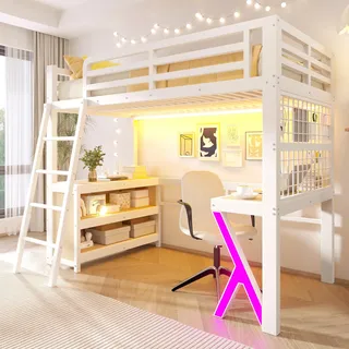 Flieks Etagenbett 90x200cm mit Led, Kinderbett Jugendbett mit Schreibtisch und Gitterregal, Hochbett Metallbett mit Schrank, Stockbett Weiß - Weiß