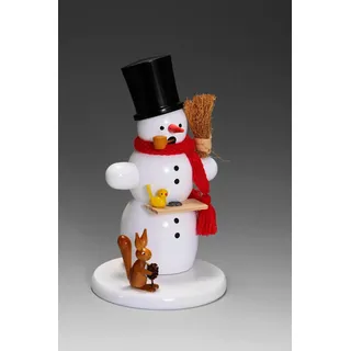 Albin Preissler Räuchermännchen "Schneemann mit Eichhörnchen, Handwerkskunst aus dem Erzgebirge" Weihnachtsdeko aus Buchenholz, weiß