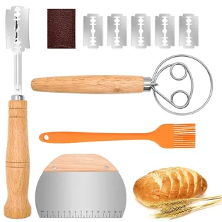 4 Stk Bäckermesser Set - Bäckermesser, Bäckerklinge, Teigritzmesser, Teigmesser, Brot Lahm, Lederschutzhülle, Dänischer Schneebesen, Teigschaber, Backpinsel, Brot Backen Zubehör für Gärkörbchen