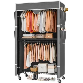 Himimi Kleiderständer auf Rollen, Kleiderständer Stabil, Doppel-Kleiderstange mit Abdeckung & Höhenverstellbaren Ablage, offener Kleiderschrank Metall Garderobe für Schlafzimmer, 90x45x205 cm Grau