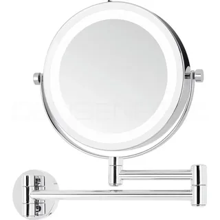 DEUSENFELD WL5CB - Batterie LED Doppel Wand Kosmetikspiegel, 5x Vergrößerung + Normalspiegel, Ø17,5cm, 360° vertikal und horizontal schwenkbar, 35 SMD Tageslicht LEDs, Metall verchromt - Silber