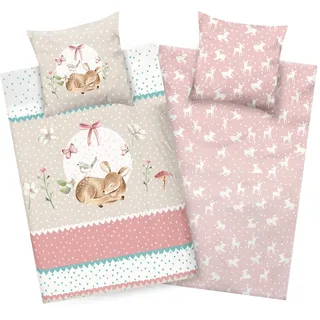 Aminata kids REH Bettwäsche 135x200 Kinder Baumwolle Mädchen REH-Kitz Waldtiere Tier-Motiv rosa YKK Reißverschluss