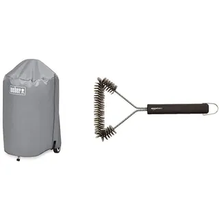 Weber 7175 Grill-Abdeckhaube Holzkohlegrills mit einem Durchmesser von 47cm, grau & Amazon Basics - Grillbürste, dreieckig, 30,5 cm