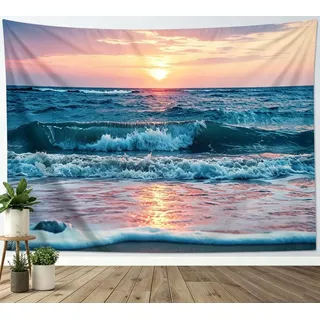 IcosaMro Wandteppich mit Ozean, Strandwelle, Sonne, Wolke, Landschaft, Natur, Wandkunst [doppelt gefaltete Säume] Bohemian-Heimdekoration für Schlafzimmer, Schlafsaal, Uni, Wohnzimmer, 60 x 82,7 cm,