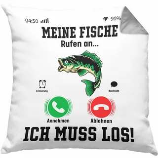 Trendation Meine Fische Rufen An... Ich Muss Los Kissen mit Füllung 40x40 Geschenk Für Fisch Fans Geschenkidee (Grau)