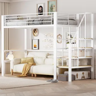 Hochbett 90x200 cm mit Treppe und großem Stauraum unter dem Bett, stabiles Metallbett für Kinder und Erwachsene, platzsparend, Metall, Schwarz - Weiß