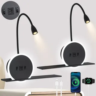 SANSHI Leselampe 2 Stück,Schwenkbar Nachttischlampe mit Schalter,Schwarz | USB + TYPE C Ladeanschluss Wandleuchte,3W 3000K + 9W 6000K Beleuchtung wand Leselicht,Schlafzimmer Hotels Bettlampe