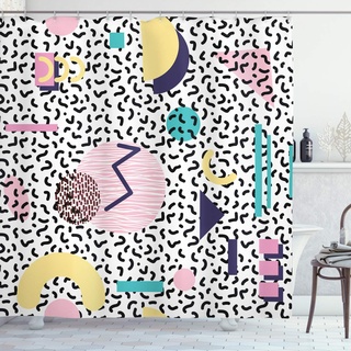 ABAKUHAUS Duschvorhang, Geometrische Muster Retrostil mit Runde Halbmond Dreieck Formt Grafik Bunte Digital Druck, Stoffliches Gewebe Badezimmerdekorationsset mit Haken, 175 X 200 cm, Navy Gelb Pink