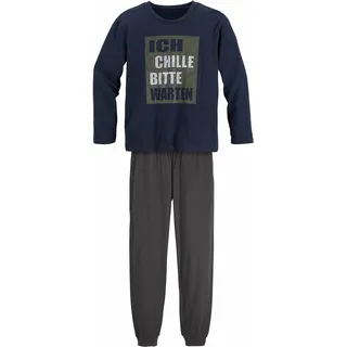 Pyjama AUTHENTIC LE JOGGER, Jungen, Gr. 158/164, grau (marine, anthrazit), Jersey, Obermaterial: 100% Baumwolle, bedruckt, Basic, lässig geschnitten lang, Rundhals, abgesteppte Kante, Homewear-Sets Pyjama, Schlafanzug mit Spruch "Ich chille bitte warten"