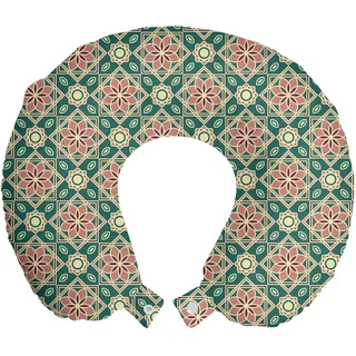 ABAKUHAUS orientalisch Reisekissen Nackenstütze, Mosaik Röschen Chevron, Schaumstoff Reiseartikel für Flugzeug und Auto, 30x30 cm, Forest Green Pale Pink - Rosa