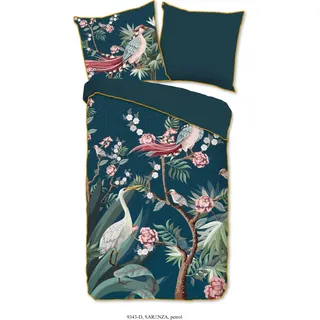 Descanso Bettwäsche mit einer biese und Blumen - 135x200 cm  - 100% Bio Baumwolle - Petrol