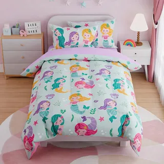 SANDJEST Meerjungfrau-Bettwäsche-Set für Mädchen, ultraweiches Mikrofaser-Bettwäsche-Set, volle Größe mit 4 Teilen, Bettdecken-Sets für Kinder, Teenager, Tween-Schlafzimmer-Dekor