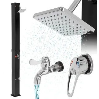 ML-Design Solardusche 40 L 217cm eckig mit Fußdusche und Regenduschkopf, Schwarz, warmes Wasser, bis 60°C ohne Stromanschluss, mit Gartenschlauch-Anschluss - Schwarz