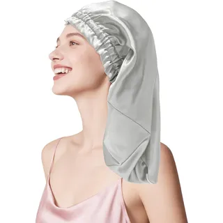 townssilk Seidenhaube zum Schlafen, 100% 22 Momme Maulbeerseide, für Damen, luxuriös, atmungsaktiv, sitzt sicher über Nacht & druckfrei, ideal für lange & lockige Haare – Silver 58cm