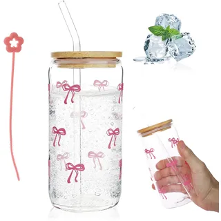 Bow Trinkbecher mit Deckel & Strohhalm,500ml Glasbecher,Rosa Schleife | Matcha Gläser, Vielseitiges Trinkglas für Bubble Tea Kaffee Smoothie Cocktails und Mehr