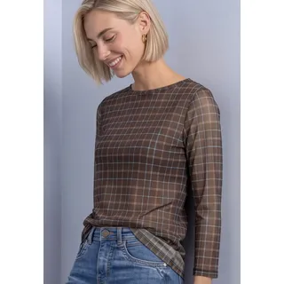 3/4-Arm-Shirt STREET ONE, Damen, Gr. 40, braun (silk braun), Mesh, Obermaterial: 95% Polyester, 5% Elasthan. Futter: 100% Viskose, kariert, normal hüftbedeckend, U-Boot-Ausschnitt, abgesteppte Kante, Shirts 3/4-Arm-Shirt, aus Mesh mit Print / Kariert, Topseller