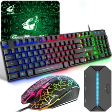 Gaming Tastatur und Maus Set mit Adapter, QWERTZ German Layout Farbbeleuchtung Keyboard 6 Tasten 2400 DPI Maus und Mauspad, USB Verkabelt Ergonomische Design Kompatibel mit PS4 Xbox Switch, Schwarz