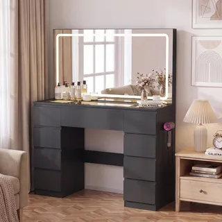 JUMMICO Schminktisch mit Spiegel & LED-Beleuchtung (Dimmbar), Kosmetiktisch mit Glasplatte & Steckdosen, Moderner Frisiertisch mit 9 Schubladen für Schlafzimmer (Schwarz)