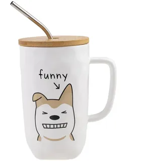 lachineuse – Hundebecher DOG Collection – Lustiger Hund – Porzellantasse – 600 ml – mit Deckel, Strohhalm und Löffel – Kaffee, Tee, heiße Schokolade – originelle Geschenkidee