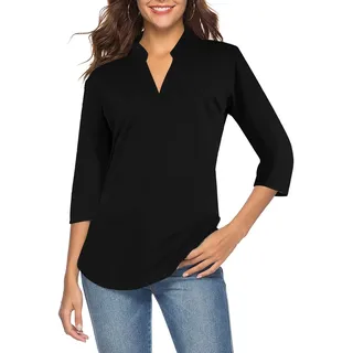 CEASIKERY Damen-Top mit 3/4-Ärmel und V-Ausschnitt, lässige Tunika, lockere Bluse, Shirt, Schwarz 1, X-Groß