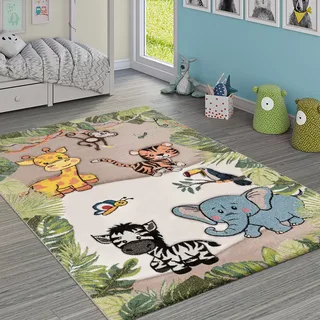Paco Home Kinderteppich Kinderzimmer Dschungel Tiere Giraffe Löwe AFFE Zebra Beige Creme, Grösse:160x230 cm