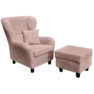 luma-home Ohrensessel Cord 90 x 98 x 76 cm Rosa mit Hocker